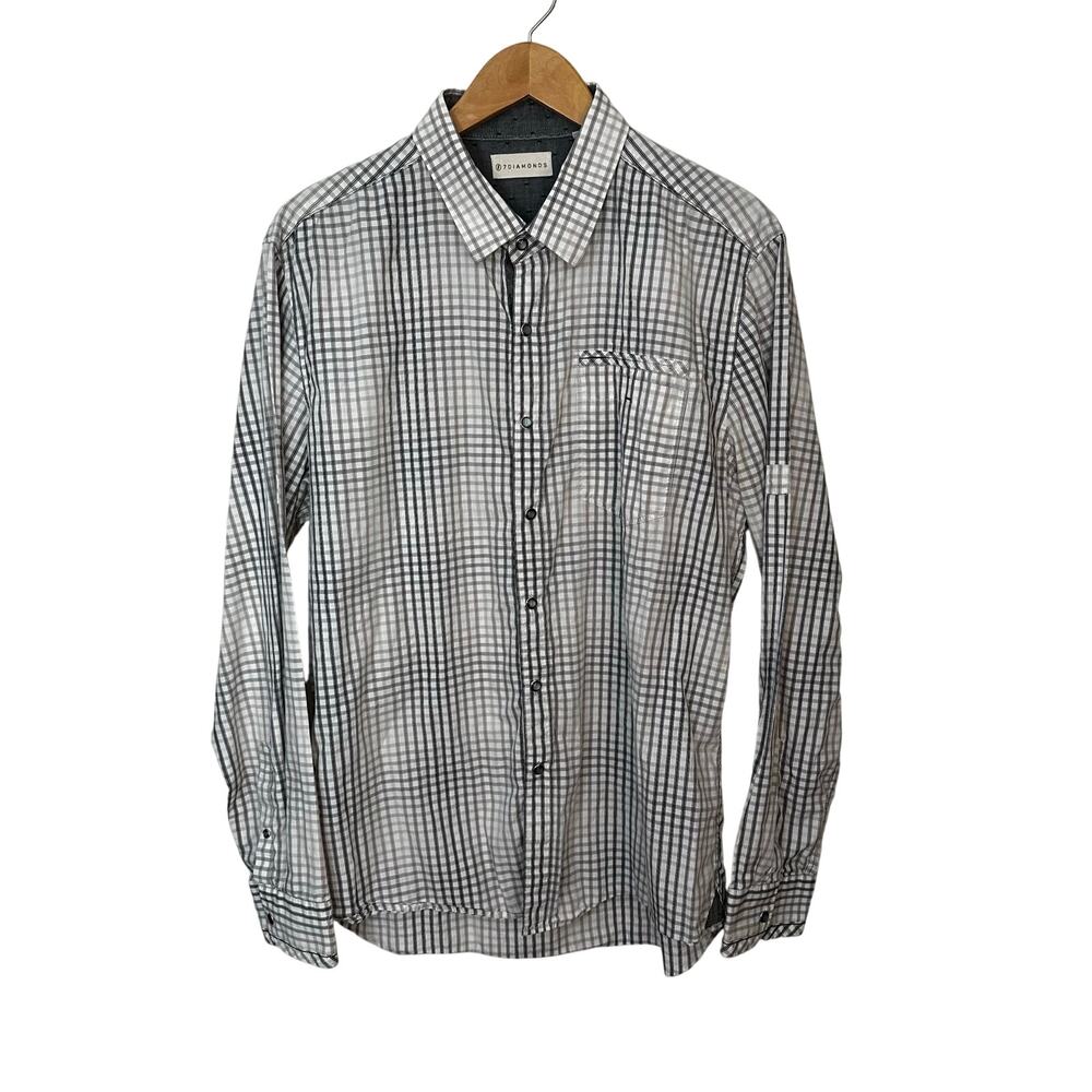 7 Diamonds Originals Mens Check Shirt Size XL Pearl Snap Grey Black White Pocket
